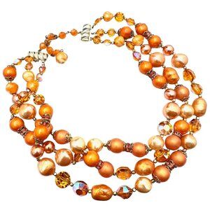 Vintage Alice Caviness Orange Multi Strand Crystal Glass Gold Tone Necklace